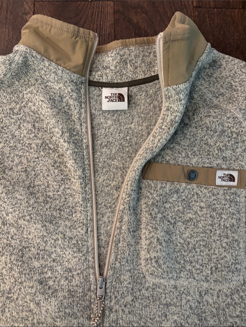 The North Face Men's Heather Gray Fleece Jacket with Tan Trim XL